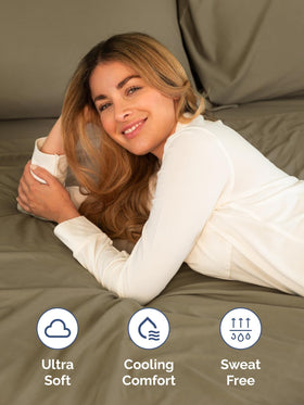 Close-up shows soft microfiber fibers for a silky, breathable feel.