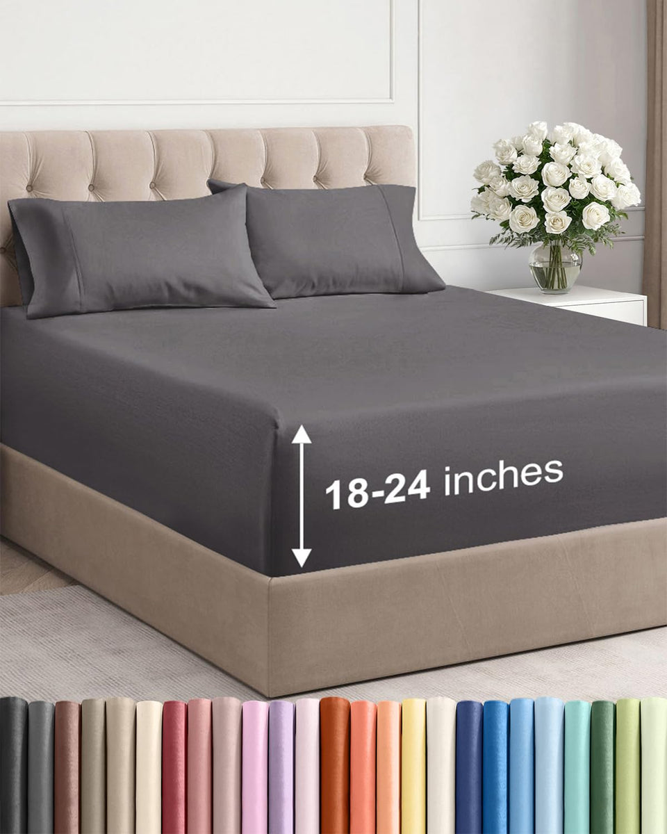 CGK Unlimited extra deep queen sheet set fits 18-24 inch mattresses securely for a clean look.