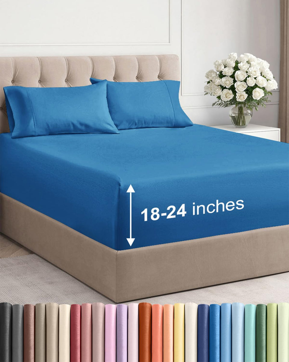 CGK Unlimited extra-deep queen sheet set folded in denim blue showing soft microfiber texture