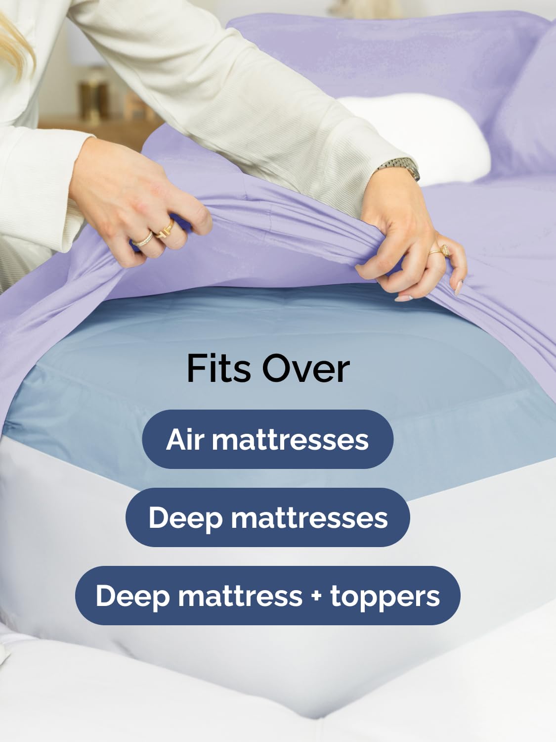 CGK Unlimited lavender queen sheet set in a tidy bed setup for hotel luxury look