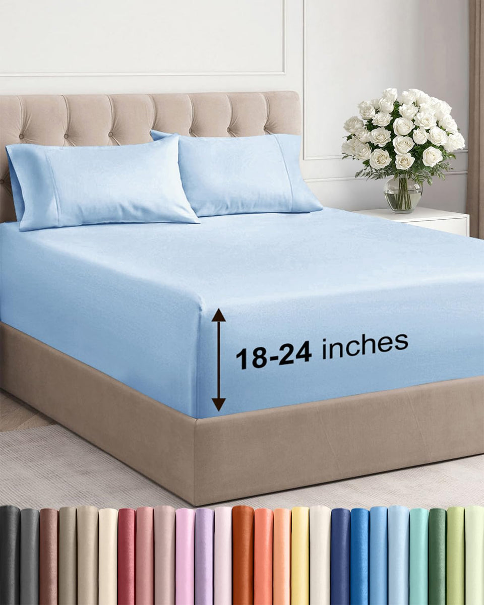 CGK Unlimited extra deep queen sheet set on bed, secure fit for 18–24 inch mattresses