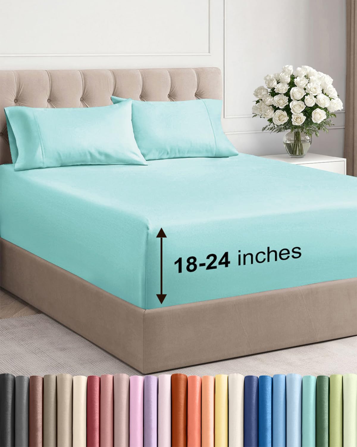CGK Unlimited extra-deep queen sheet set on a thick mattress for a secure fit.