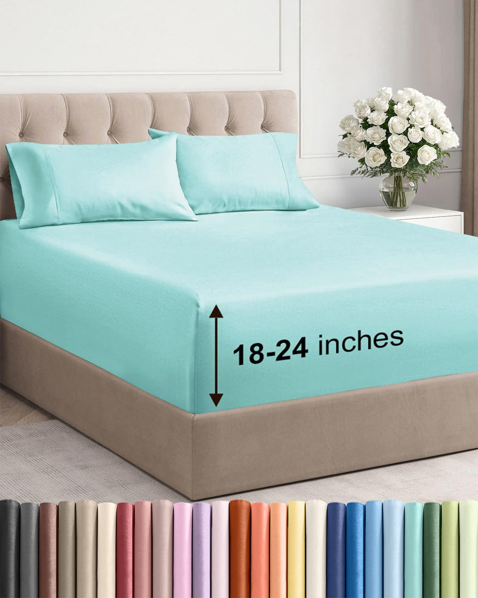 CGK Unlimited extra-deep queen sheet set on a thick mattress for a secure fit.