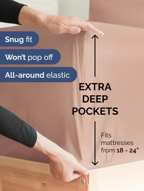 CGK Unlimited extra-deep queen fitted sheet demonstrating elasticized surround for stay-put deep pockets.