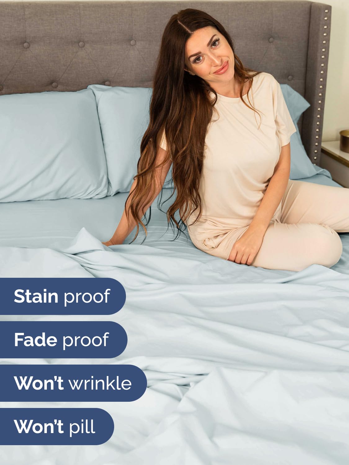 Edge of fitted sheet demonstrates topper-friendly fit for thicker beds