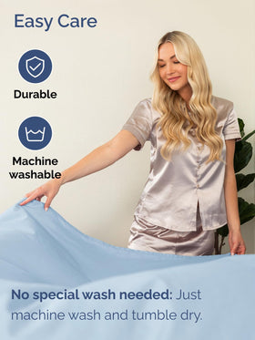 CGK Unlimited extra deep queen wrinkle resistant fabric staying smooth through daily use.