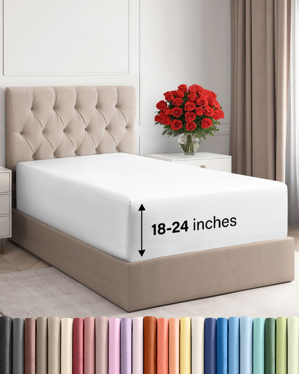 CGK Unlimited extra deep Twin XL fitted sheet on dorm bed with secure fit