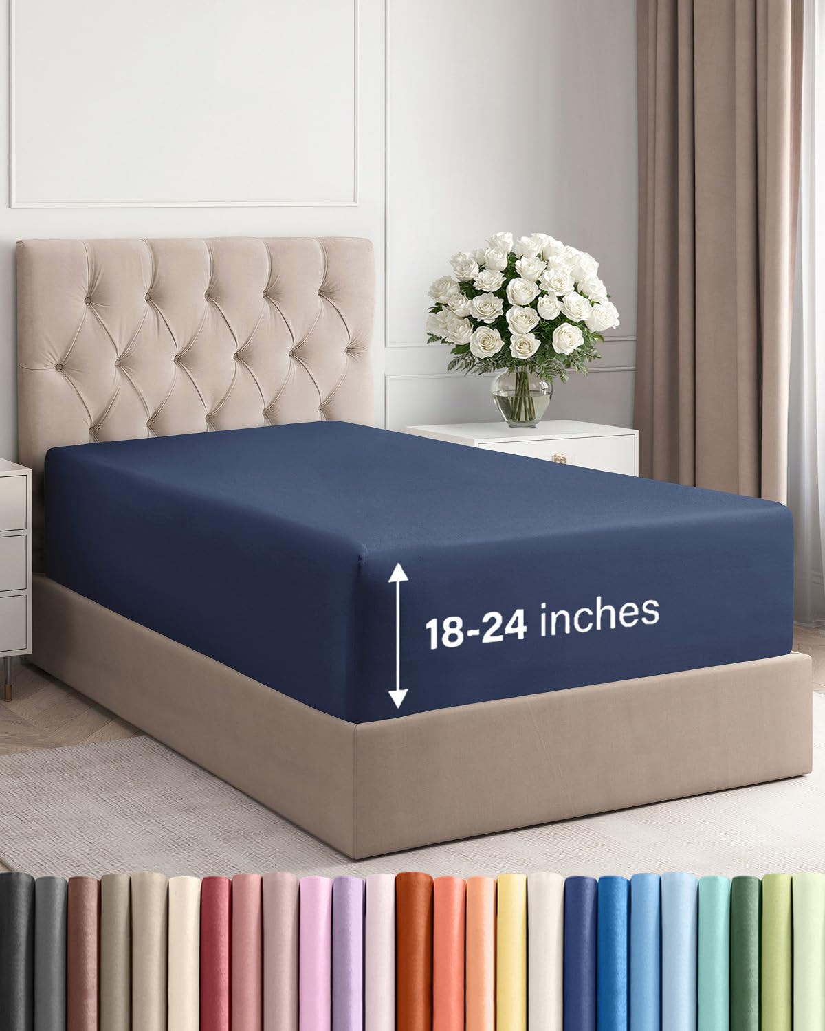 CGK Unlimited extra-deep twin XL fitted sheet front view showing secure fit for thick dorm mattresses