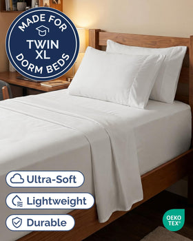 CGK Unlimited extra-deep twin-xl fitted sheet fits up to 21 inches for thicker dorm mattresses.