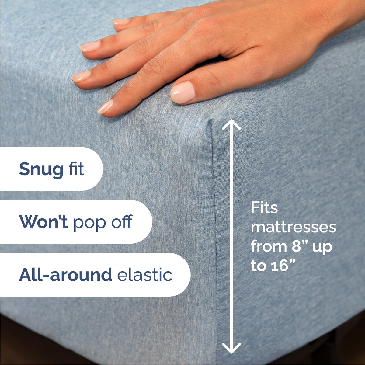 CGK Unlimited fitted sheet closeup shows deep-pocket design and universal fit up to 16 inches.