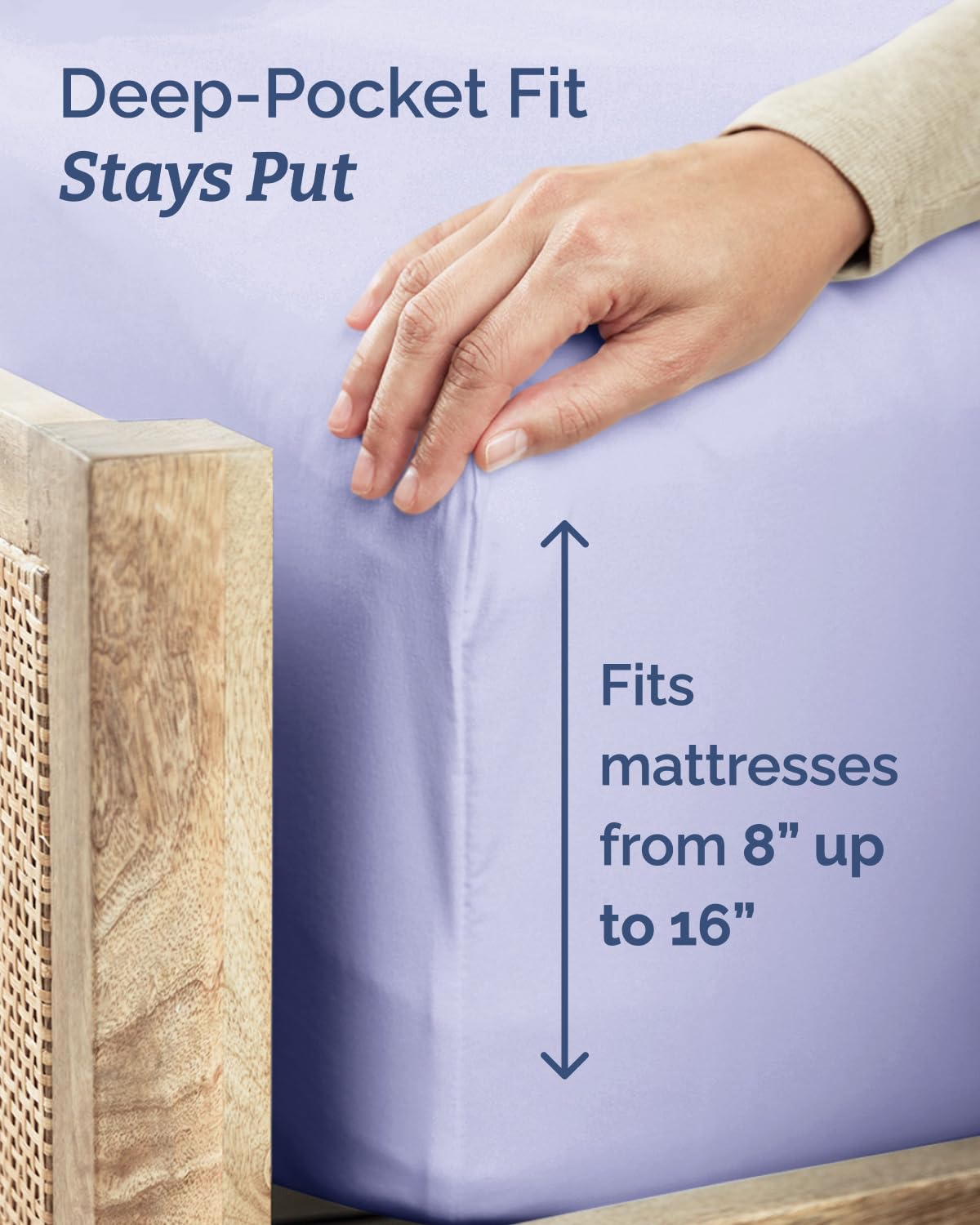 Fitted sheet corner demonstrates flexible fit and secure grip.