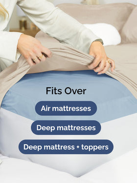 CGK Unlimited flat sheet dimensions 113 by 102 inches shown on bed
