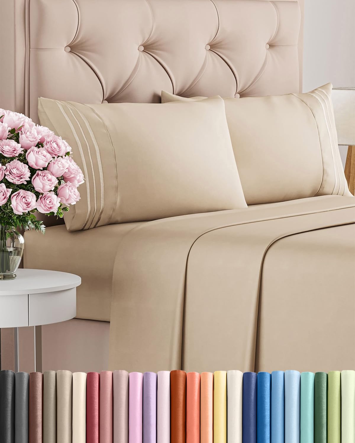 CGK Unlimited cream full-size sheet set on a bed, breathable cooling microfiber.