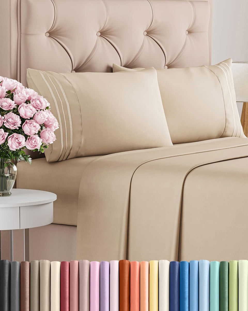 CGK Unlimited cream full-size sheet set on a bed, breathable cooling microfiber.
