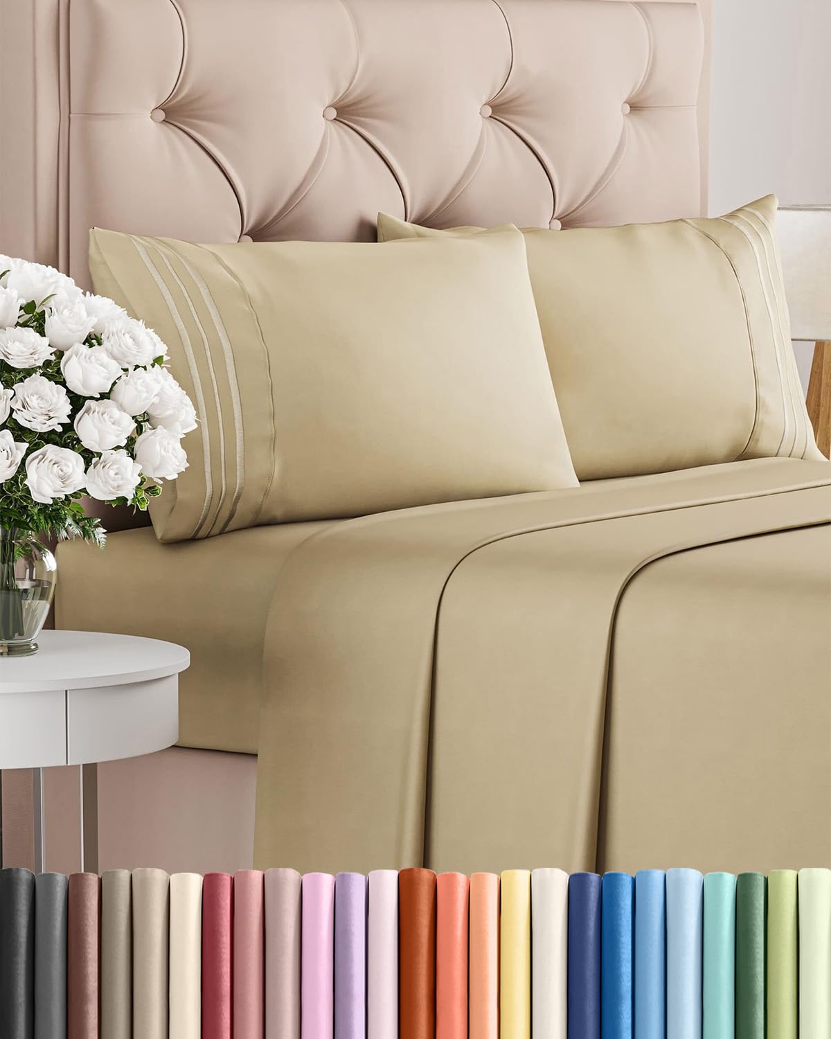 CGK Unlimited full-size beige sheet set for a hotel-grade bedroom feel with cooling comfort.