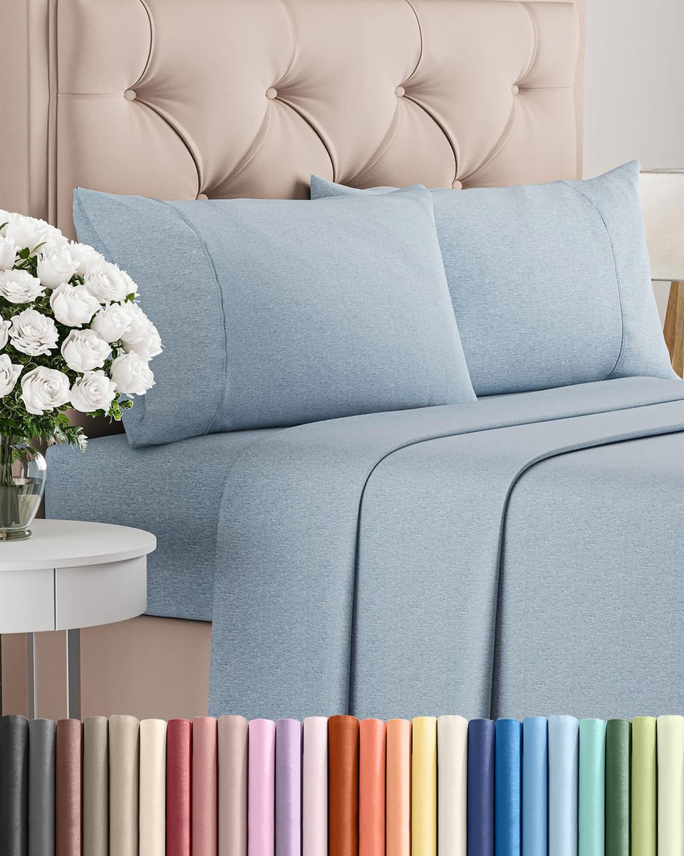 CGK Unlimited full-size sheet set in heathered blue, folded for display showing soft texture