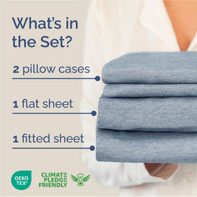 CGK Unlimited heathered blue sheets on bed highlighting breathable and cooling comfort