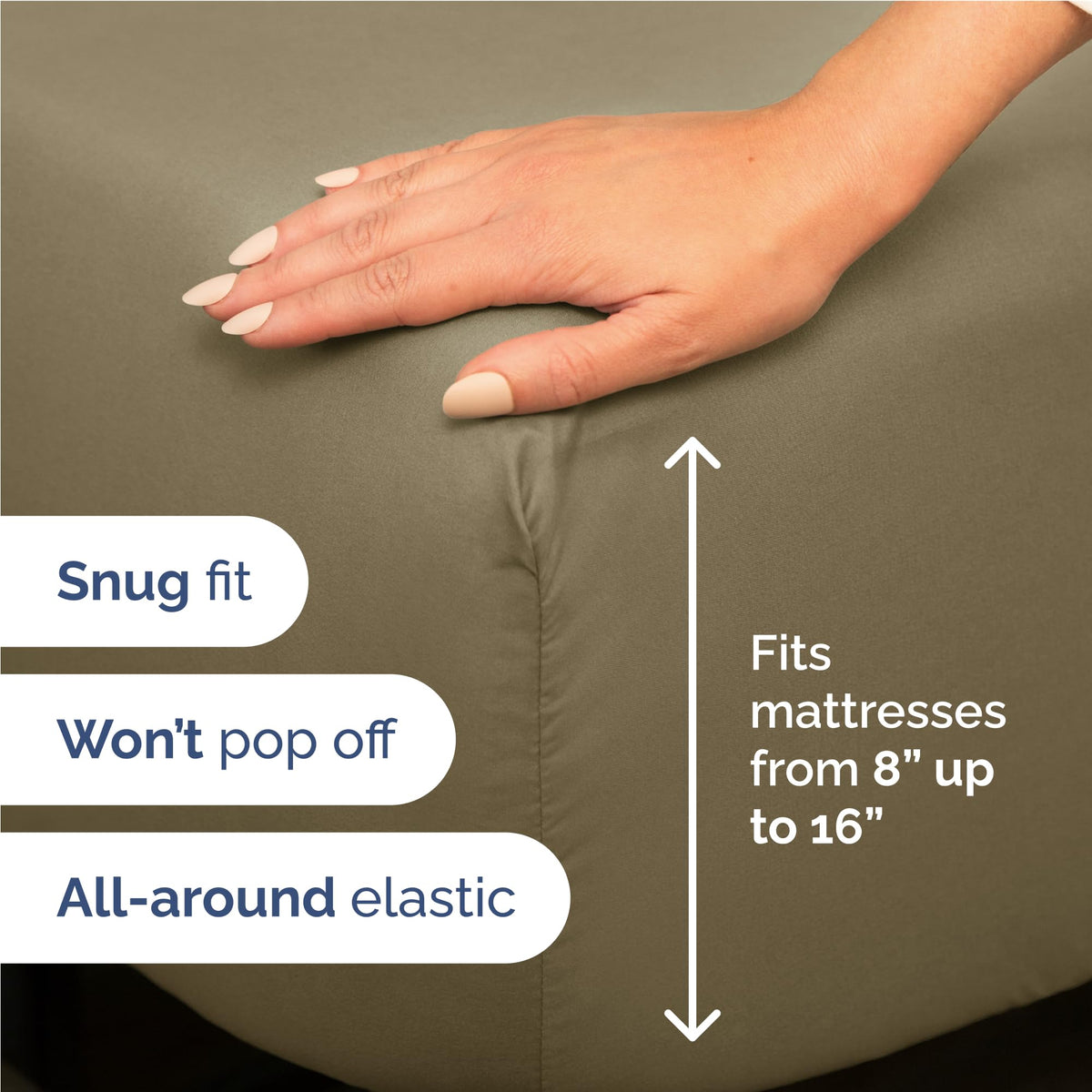 CGK Unlimited khaki fitted sheet on mattress demonstrates universal fit