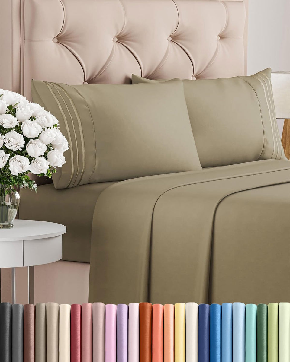 CGK Unlimited full-size khaki sheet set packaging view shows premium quality