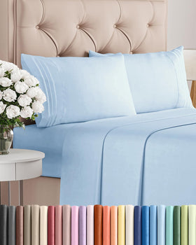 CGK Unlimited full-size sheet set in light blue, hotel-like comfort for bedrooms.