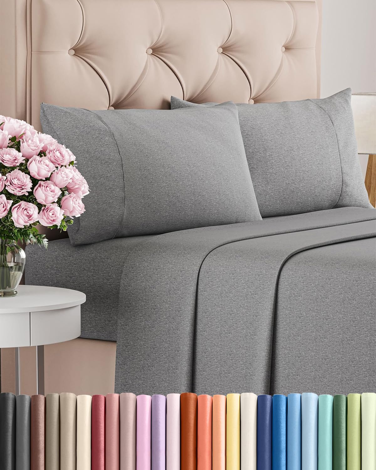 CGK Unlimited sheet set on bed in heathered grey, silky soft and breathable