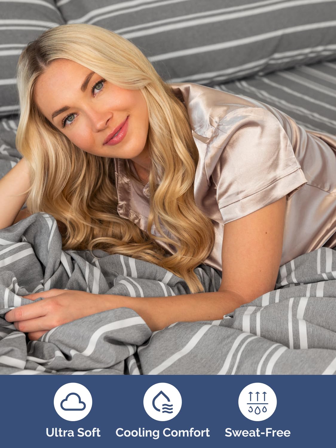 CGK Unlimited grey stripes design adds modern style to bed.