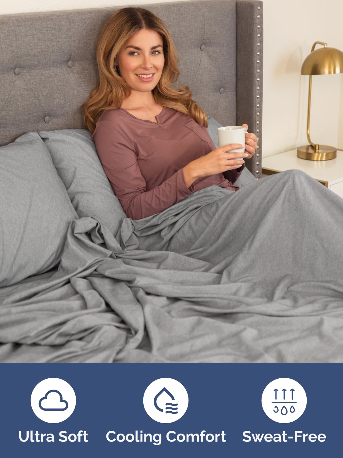 Close-up of heathered grey fabric highlighting soft, double-brushed finish.