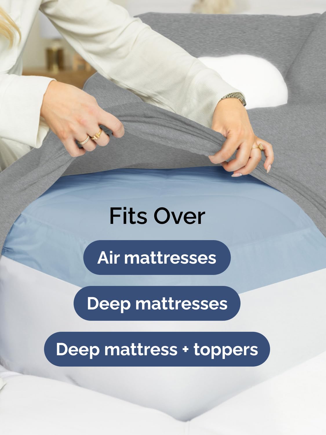 Soft heathered grey fabric adds hotel-like luxury to bedrooms.