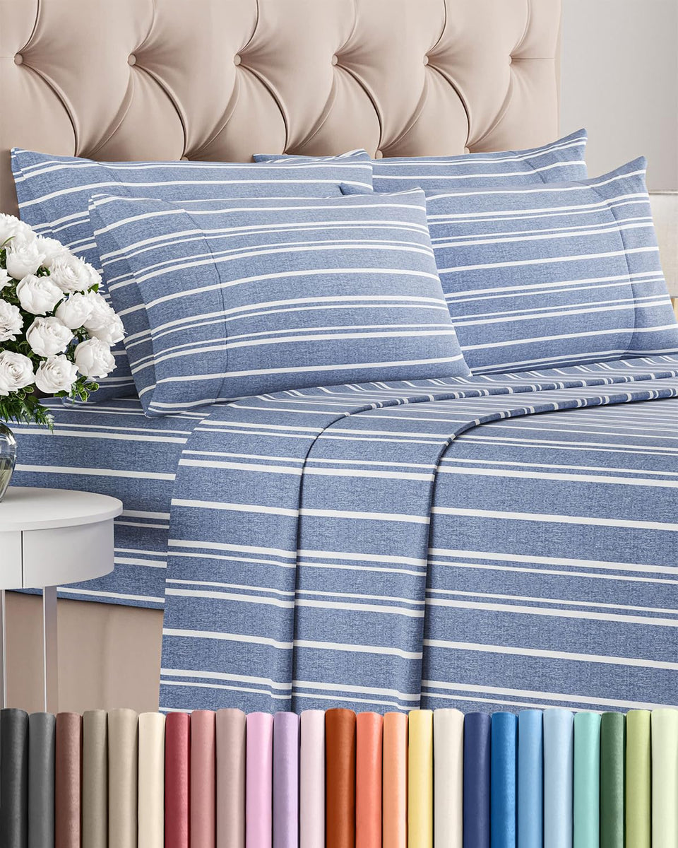 CGK Unlimited king flat sheet blue stripes for breathable all-night comfort.