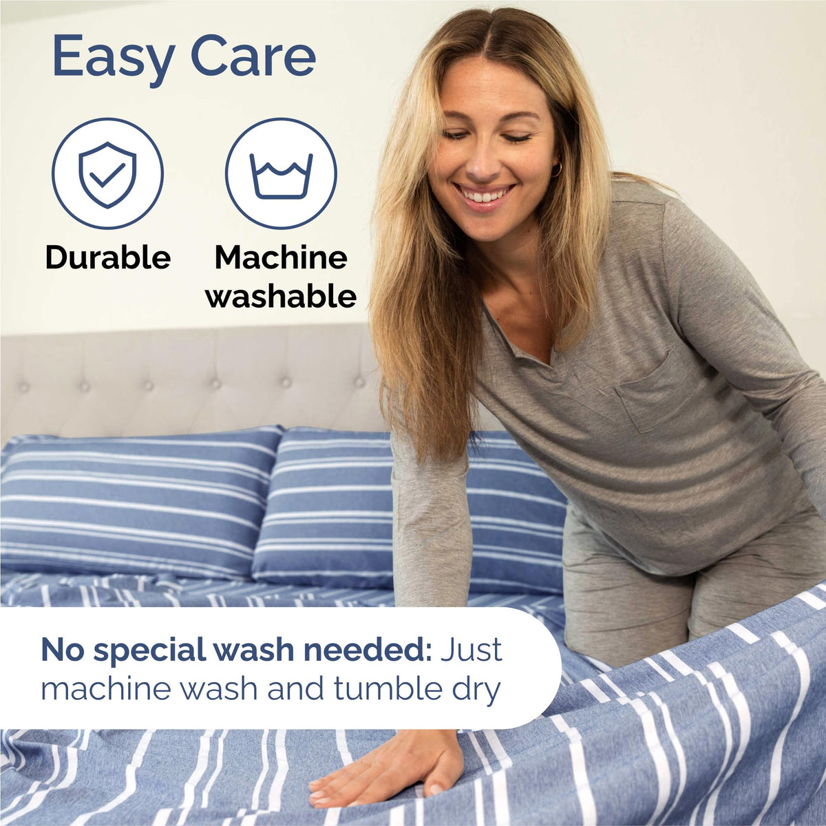 CGK Unlimited king pillowcase blue stripes complements a coordinated bedroom look.