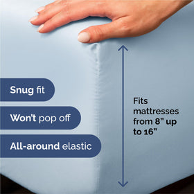 CGK Unlimited king fitted sheet demonstrates deep pocket fit for tall mattresses.