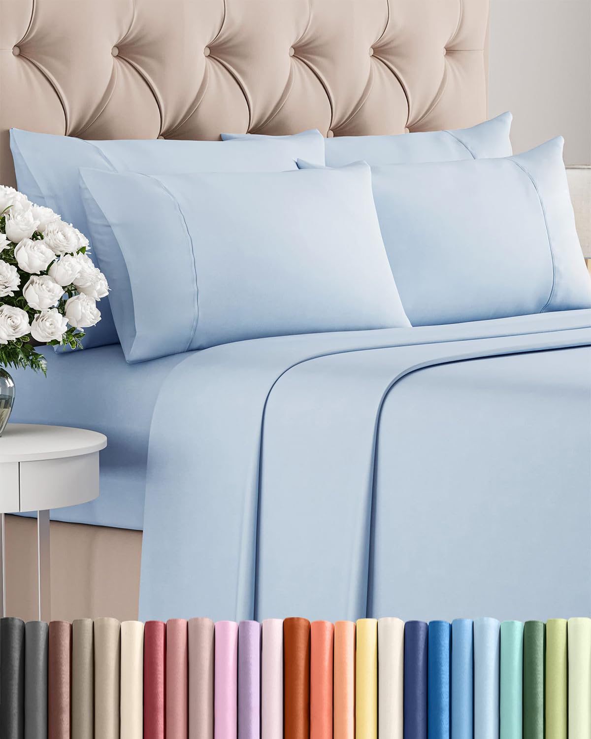 CGK Unlimited king 6-piece sky-blue bed sheets offer cooling comfort for a restful night.