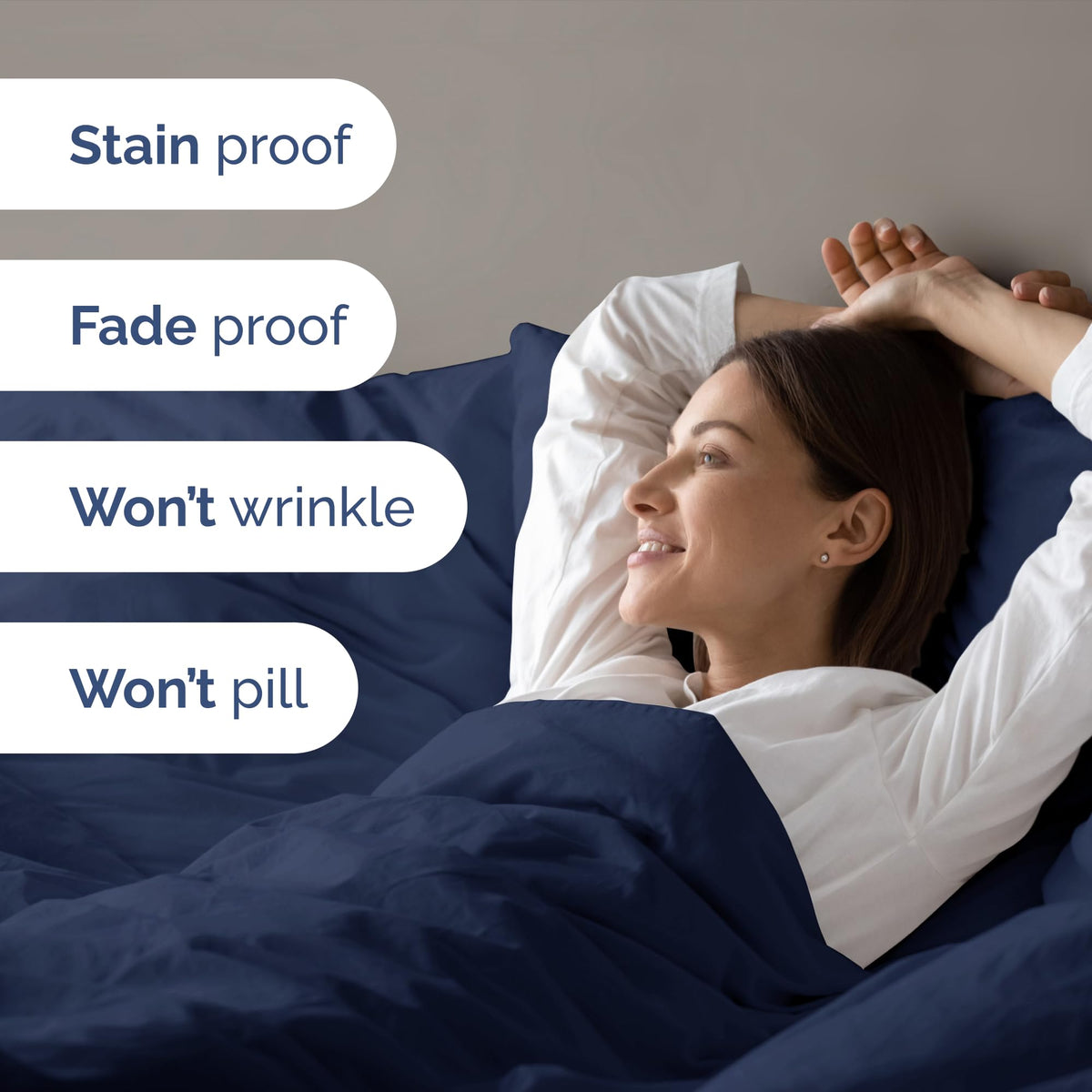 Fade-resistant color on navy CGK Unlimited duvet cover remains vibrant.