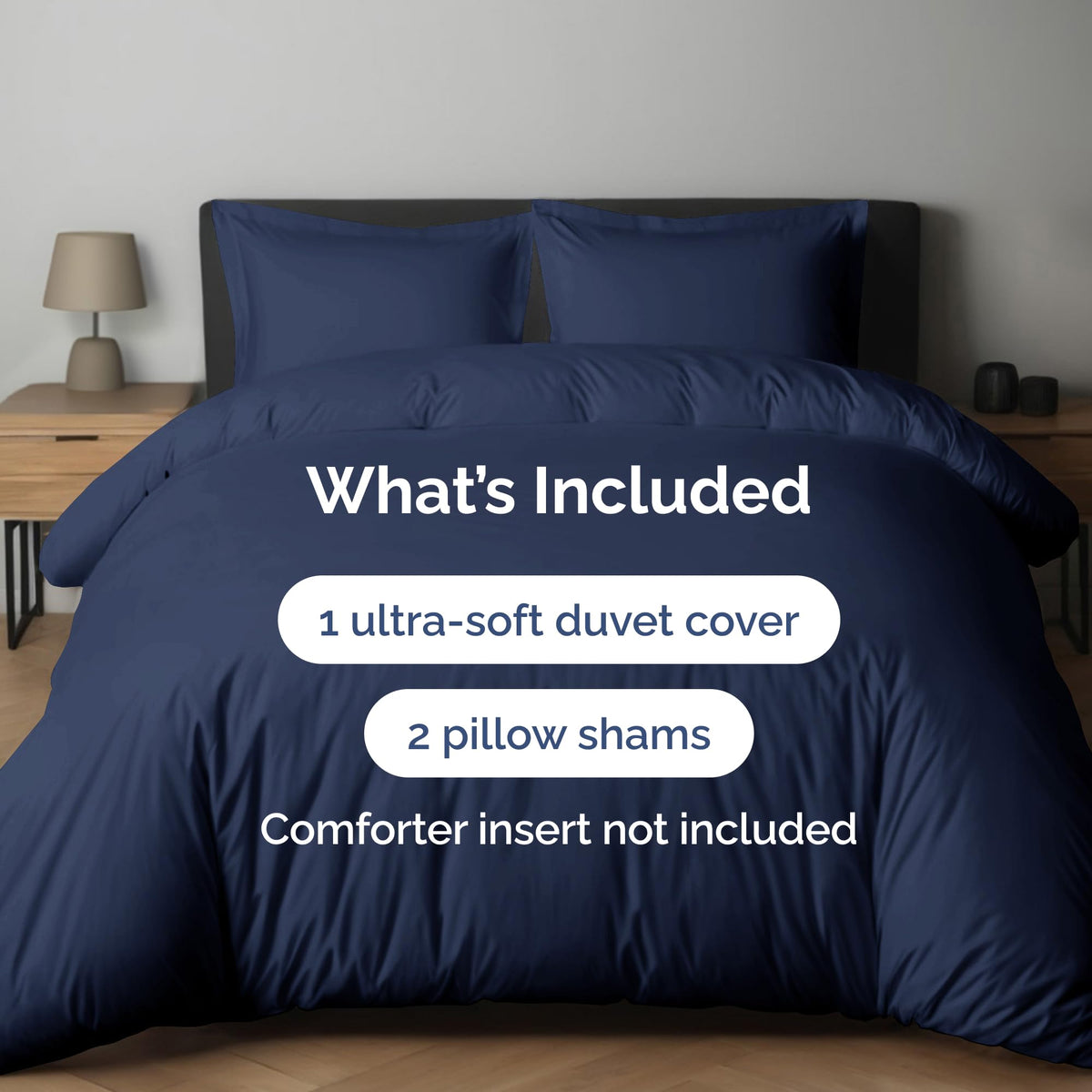 Navy CGK Unlimited king duvet cover on bed for hotel-style look.