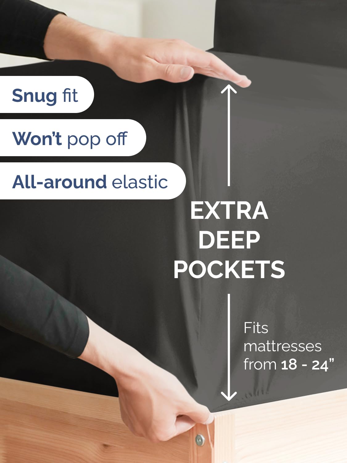 CGK Unlimited king fitted sheet easily fits 18-24 inch mattresses, even with a topper.