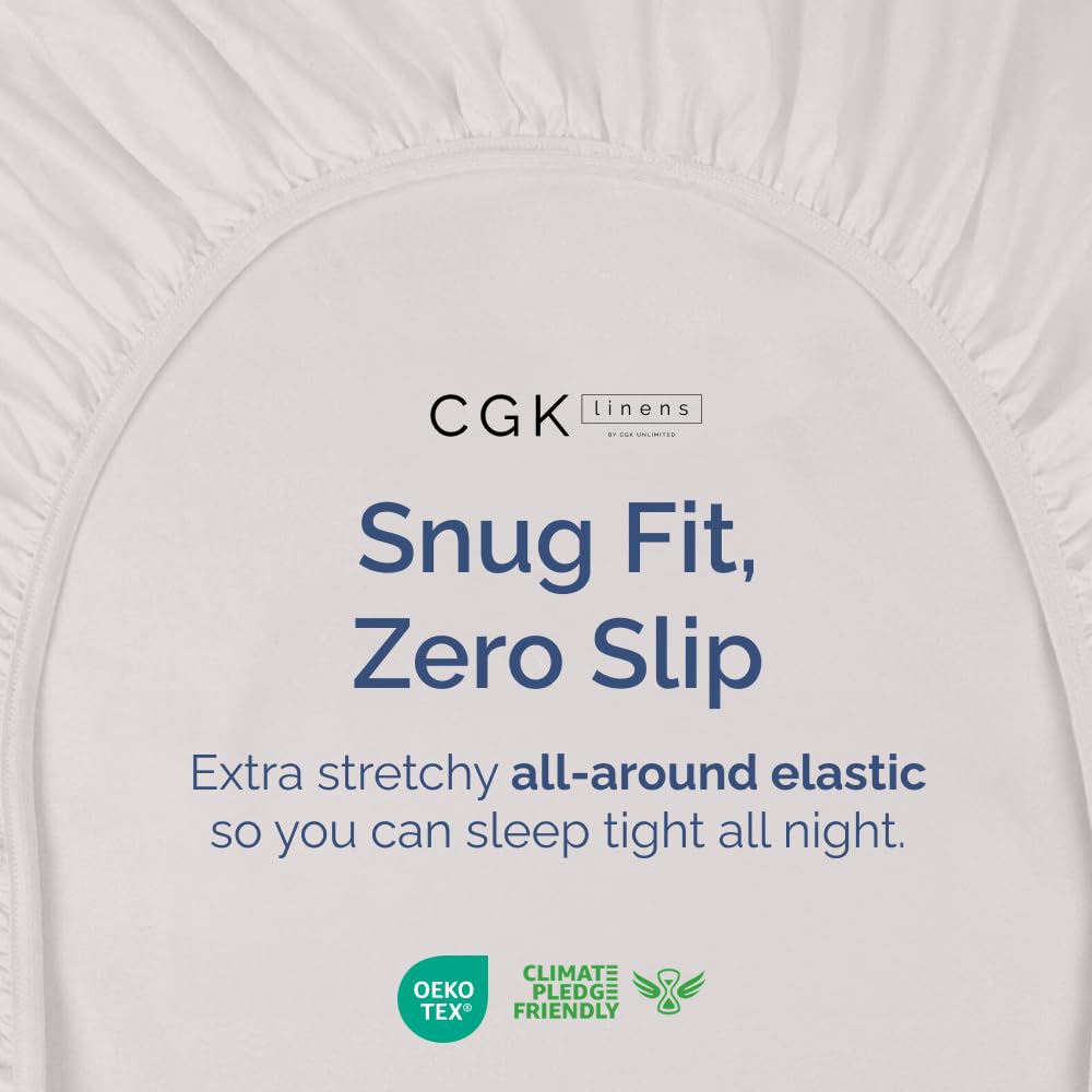 CGK Unlimited king fitted sheet edge shows 360-degree elastic for slip-free performance.
