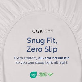 CGK Unlimited king fitted sheet edge shows 360-degree elastic for slip-free performance.