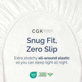 CGK Unlimited king fitted sheet showing 360-degree elastic for mattress grip.