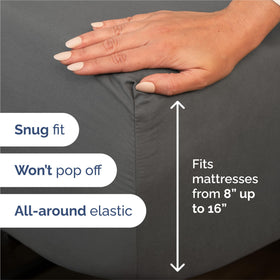 CGK Unlimited king fitted sheet on tall mattress demonstrates deep pocket fit