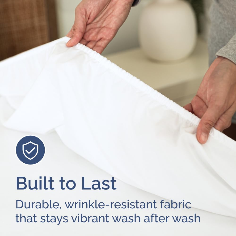CGK Unlimited king fitted sheet highlighting easy-care and shrink/fade resistance.