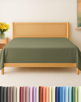 CGK Unlimited king flat sheet in sage green drapes smoothly for a hotel-quality look.