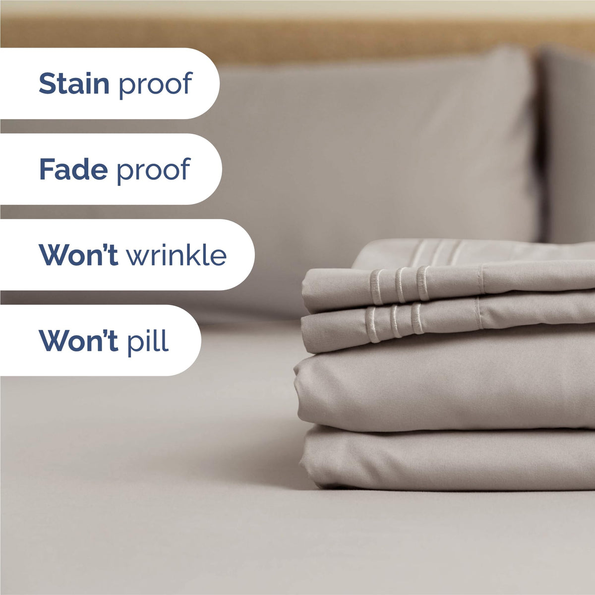 CGK Unlimited light-grey breathable sheet set demonstrates easy care features