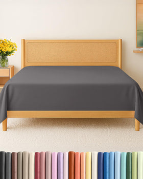 CGK Unlimited king-size flat sheet dark grey on bed, smooth layering coverage.