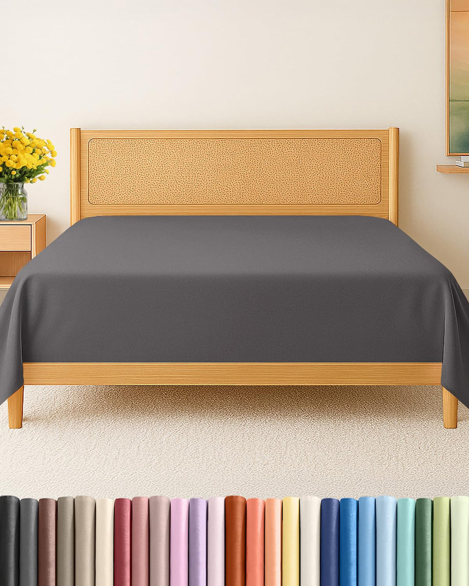 CGK Unlimited king-size flat sheet dark grey on bed, smooth layering coverage.