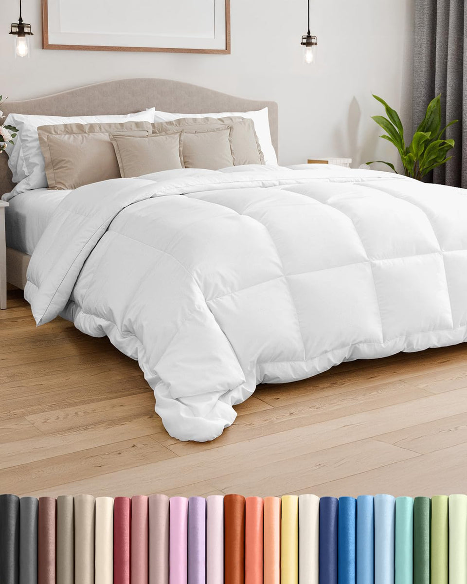 CGK Unlimited king size white comforter folded neatly for storage.
