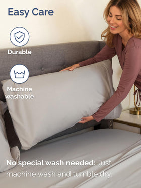 CGK Unlimited light-grey bedding complements any bedroom style.