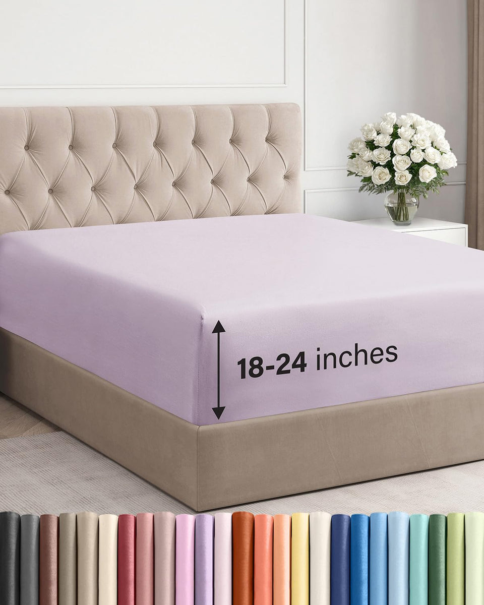 CGK Unlimited light lavender queen sheet showing deep pocket fit for thick mattresses