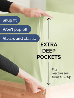 CGK Unlimited light sage green queen sheet on bed demonstrates deep-pocket fit.