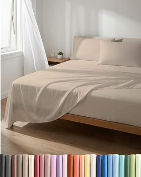 CGK Unlimited lightweight queen flat sheet in wheat offers breathable, cooling comfort for hot sleepers.
