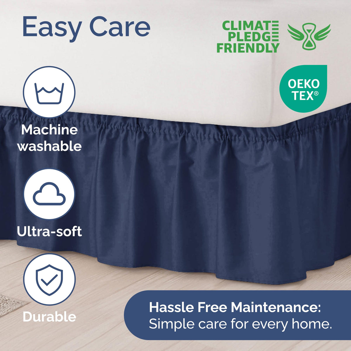 CGK Unlimited machine-washable bed skirt for easy home cleaning.